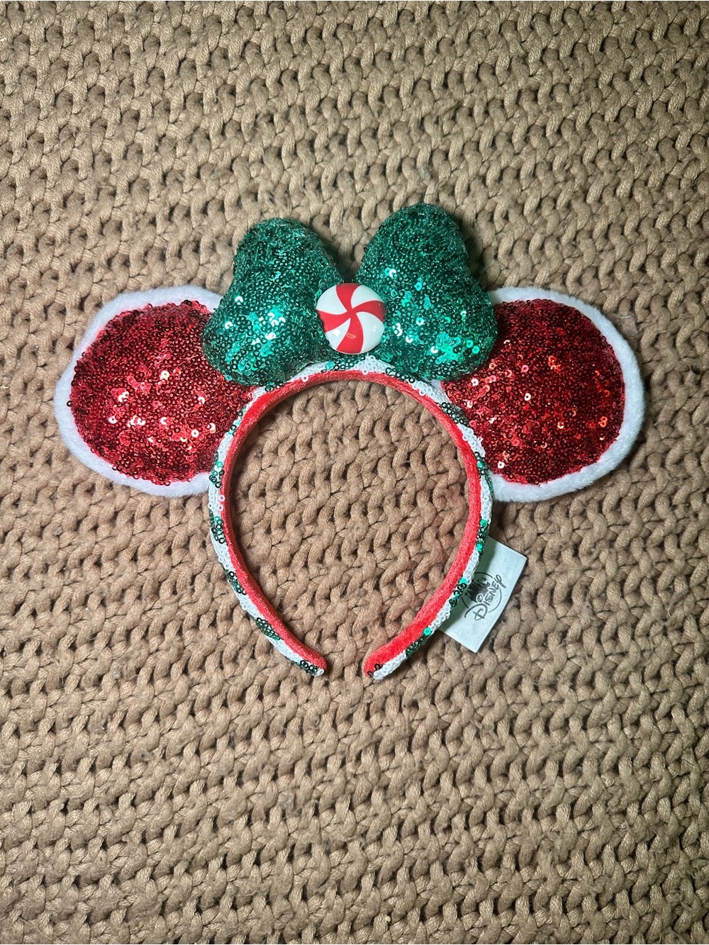 Disney Holiday Minnie Ears Headband - Red & Green Sequin peppermint bow 2020
